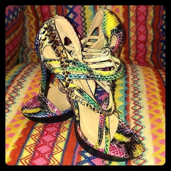 snakeskin colorful heels